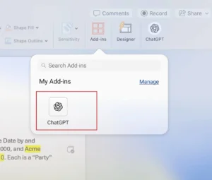 ChatGPT Add-in option inside Word