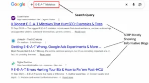 Google SERP showing the results for the E-E-A-T mistakes query