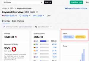 Semrush showing search intent for the keyword SEO tools